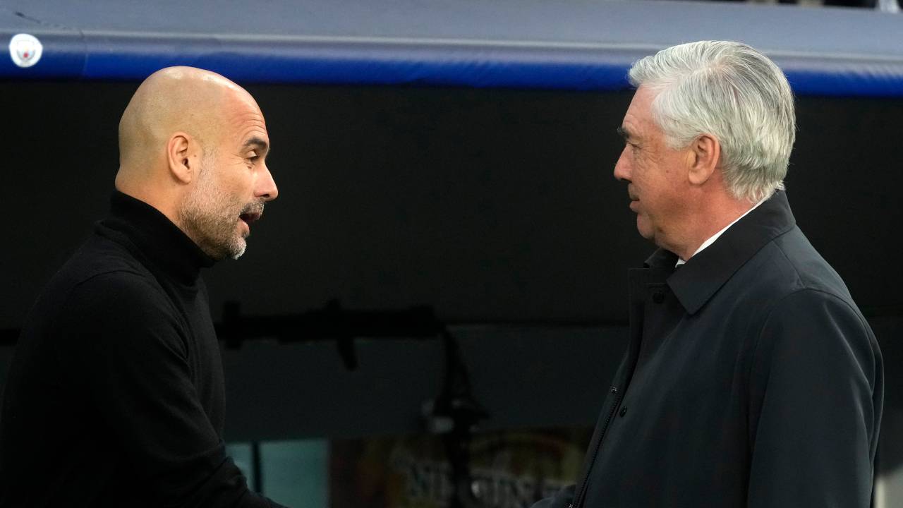 Guardiola e Ancelotti prima di Real Madrid-Manchester City