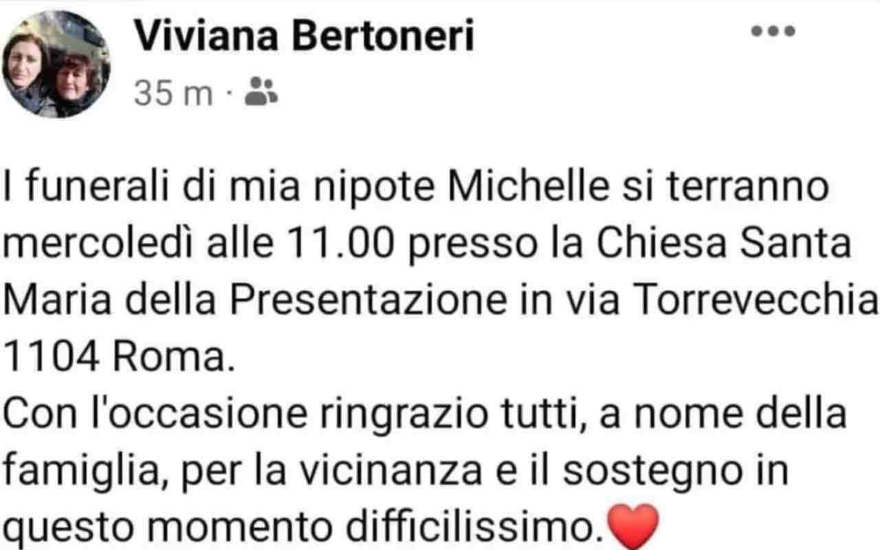 Mercoledì i funerali di Michelle Causo, l'annuncio in un post della famiglia