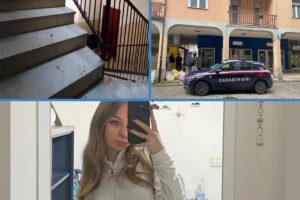 Sara Centelleghe in una foto su Instagram, tracce di sangue sulle scale del palazzo e carabinieri sotto casa sua