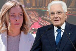 Sullo sfondo l'Aula del Senato, in primo piano la premier Giorgia Meloni e il presidente della Repubblica Sergio Mattarella