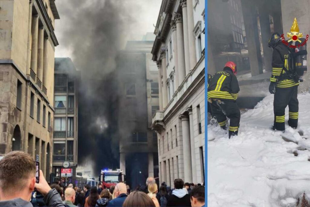 Incendio in centro a Milano, coltre di fumo visibile in piazza Duomo, vigili del fuoco al lavoro