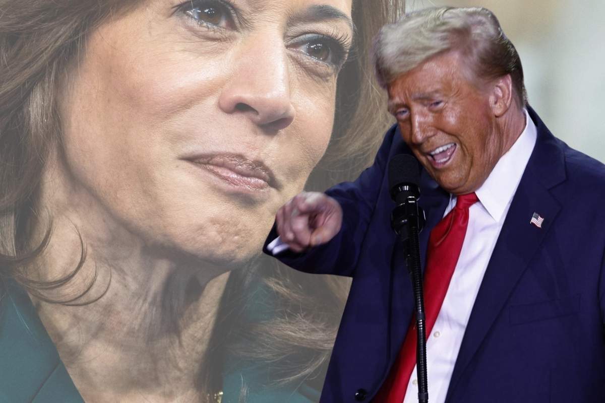 Kamala Harris sullo sfondo di Donald Trump