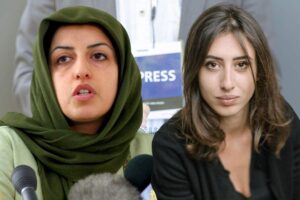 Narges Mohammadi e Cecilia Sala in una combo con uno sfondo per la libertà di informazione