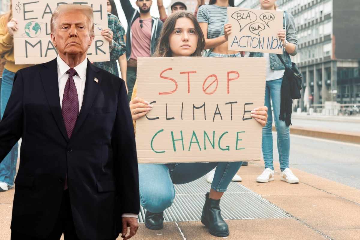 Sullo sfondo un gruppo di ambientalisti che manifestano. Una ragazza esibisce un cartello in inglese con la scritta "Stop al cambiamento climatico". In primo piano il presidente Usa Donald Trump