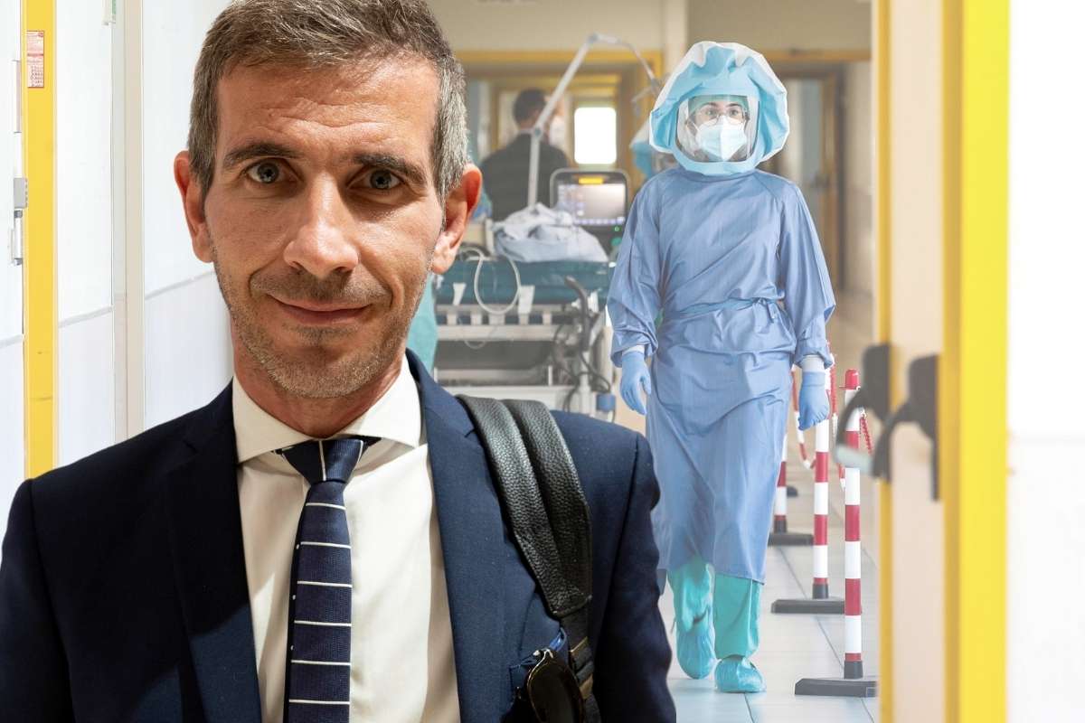 Sullo sfondo un medico in ospedale durante l'emergenza Covid, in primo piano Marco Lisei, presidente della Commissione Covid