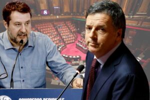 Sullo sfondo l'Aula del Senato, in primo piano il vicepremier Matteo Salvini e il leader di Italia Viva Matteo Renzi