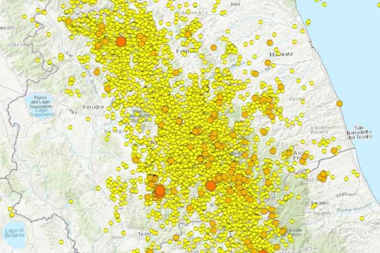 La mappa della sismicità registrata nel 2024 nell'Italia centrale