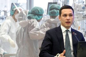 Sullo sfondo alcuni medici al lavoro in ospedale durante l'emergenza sanitaria Covid-19. In primo piano Stefano Benigni, vicesegretario nazionale di Forza Italia