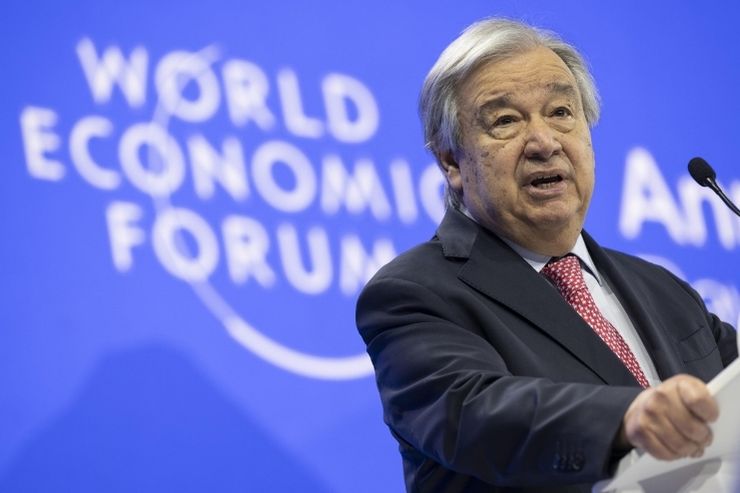 Il segretario generale dell'Onu Antonio Guterres parla in pubblico in occasione del 55esimo meeting annuale del World Economic Forum