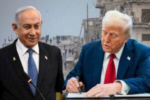 Sullo sfondo la distruzione a Gaza. In primo piano il premier israeliano Benjamin Netanyahu e il presidente Usa Donald Trump