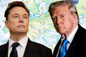 Elon Musk e Doanld Trump, sullo sfondo l'Europa