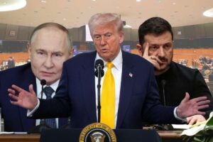 Sullo sfondo il Parlamento europeo, in primo piano i presidenti russo, Usa e ucraino, Putin, Trump e Zelensky