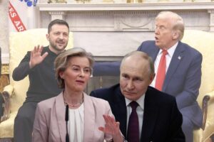 Sullo sfondo lo scontro alla Casa Bianca tra Trump e Zelensky. In primo piano Ursula von der Leyen e Vladimir Putin