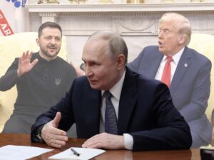 Sullo sfondo la lite allo Studio Ovale tra Zelensky e Trump. In primo piano Putin