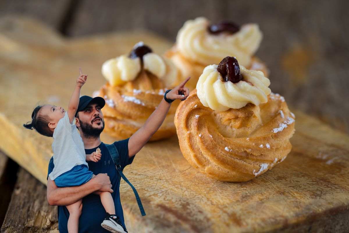 papà e figlia e delle zeppole sullo sfondo